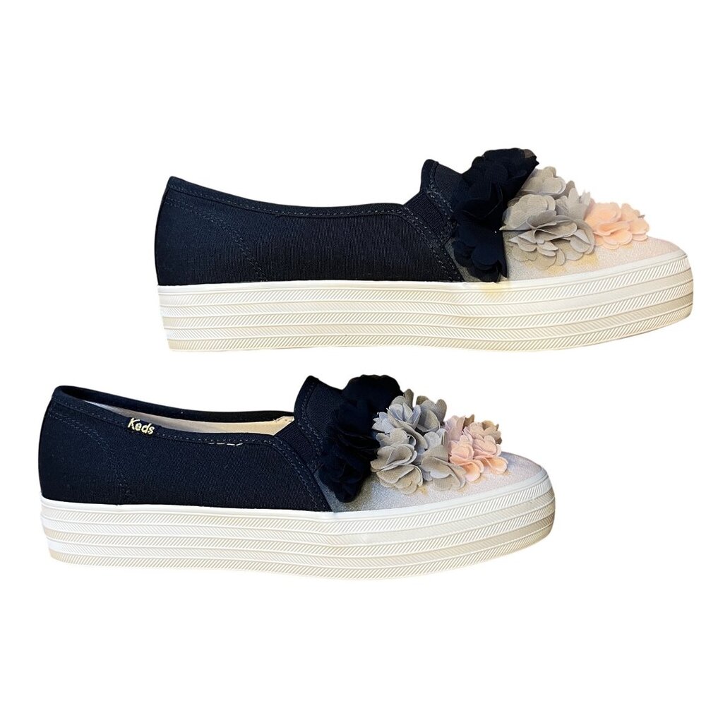 NIB Keds 8.5 Triple Decker Floral Appliqué Celebrations Blue Platform Sneakers - Picture 3 of 9